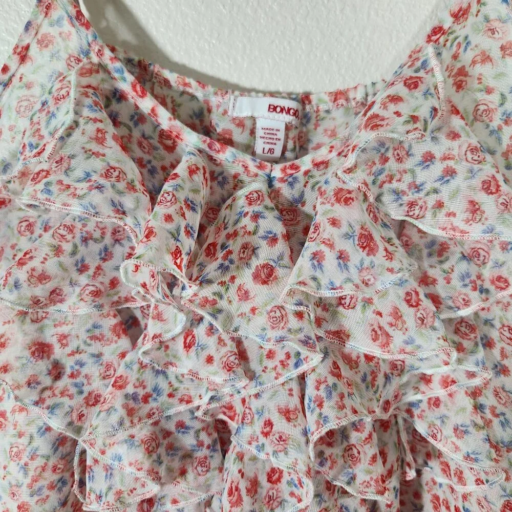BONGO Prairie Style Sheer Floral Roses Ruffled Top Sz L - Picture 5 of 13